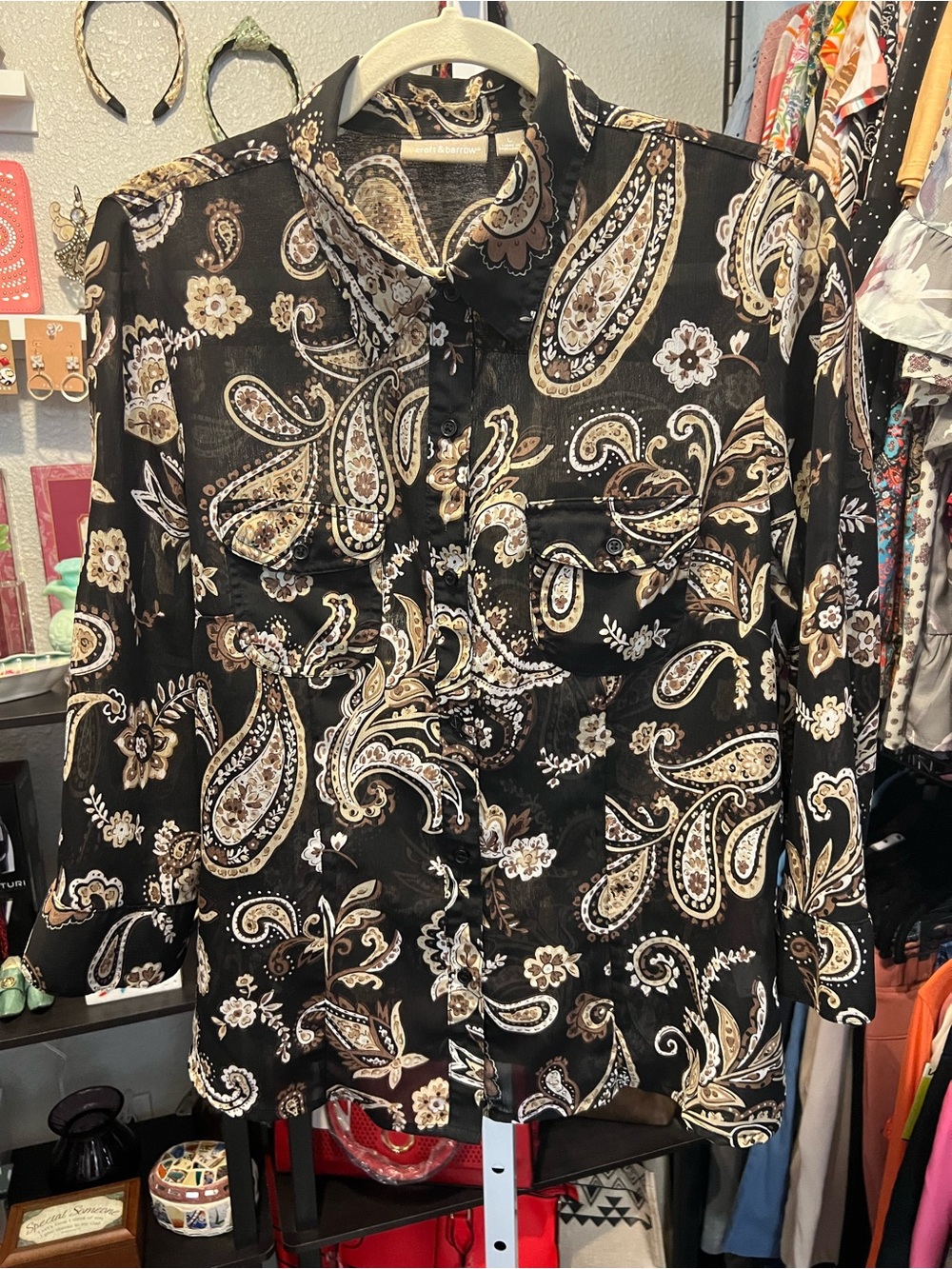 croft & barrow Black Paisley Button-Down Shirt with Beige Accents